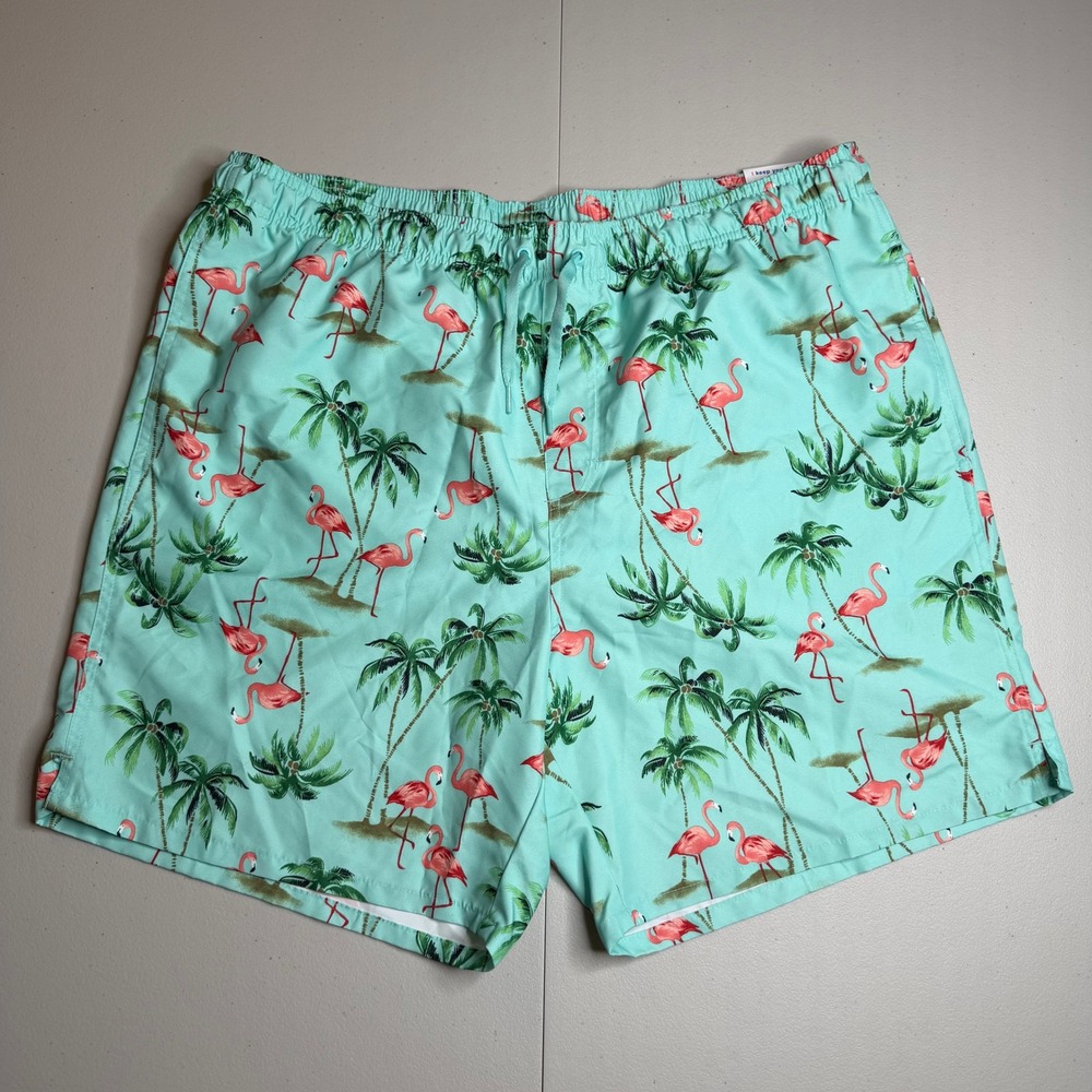 Old Navy Mens XL Swim Trunks Aqua Blue Flamingo Palm Tree Tropical Print UPF 40